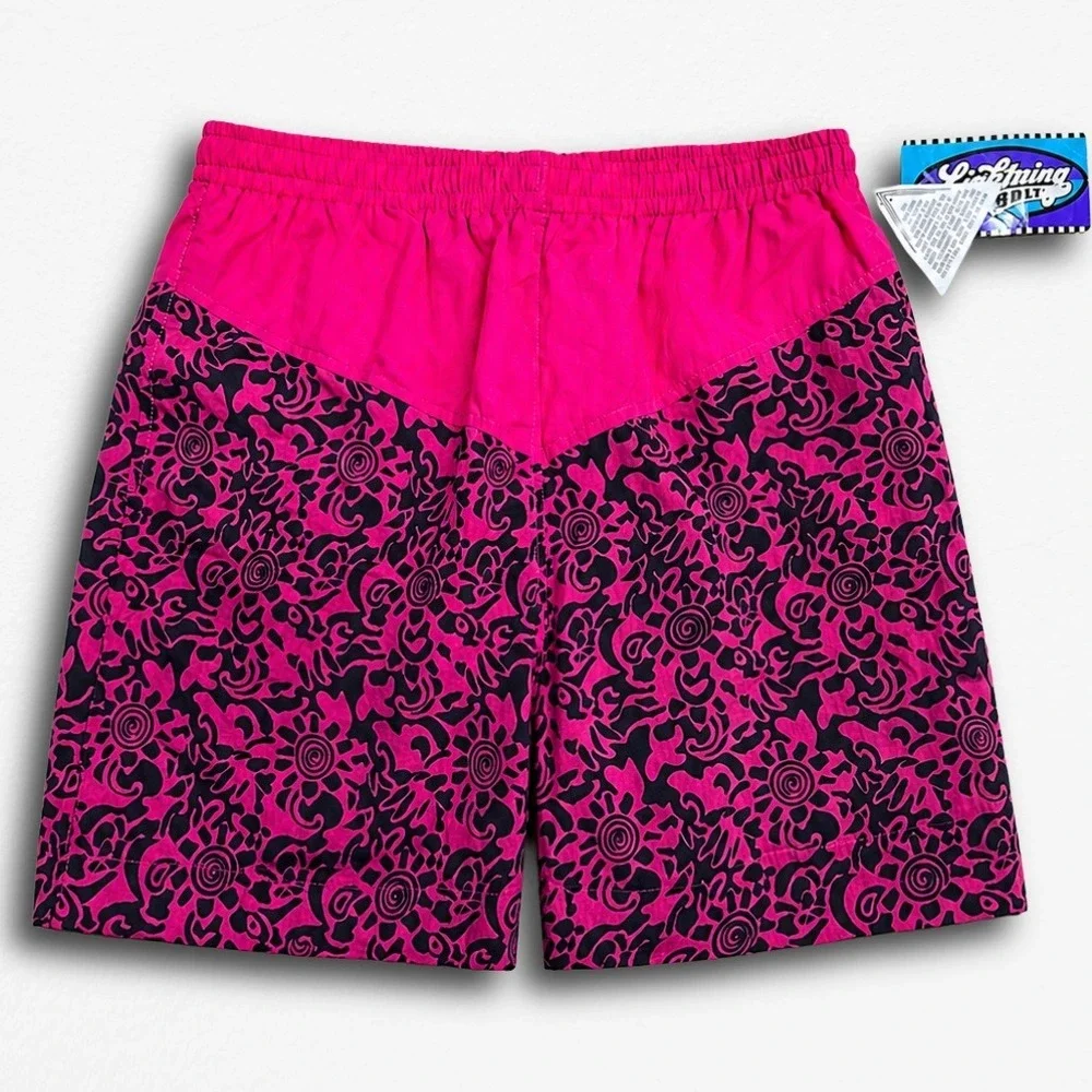 Vintage Lightning Bolt Mens Pink Black Abstract Swim Trunks 80/90s Surf Shorts M